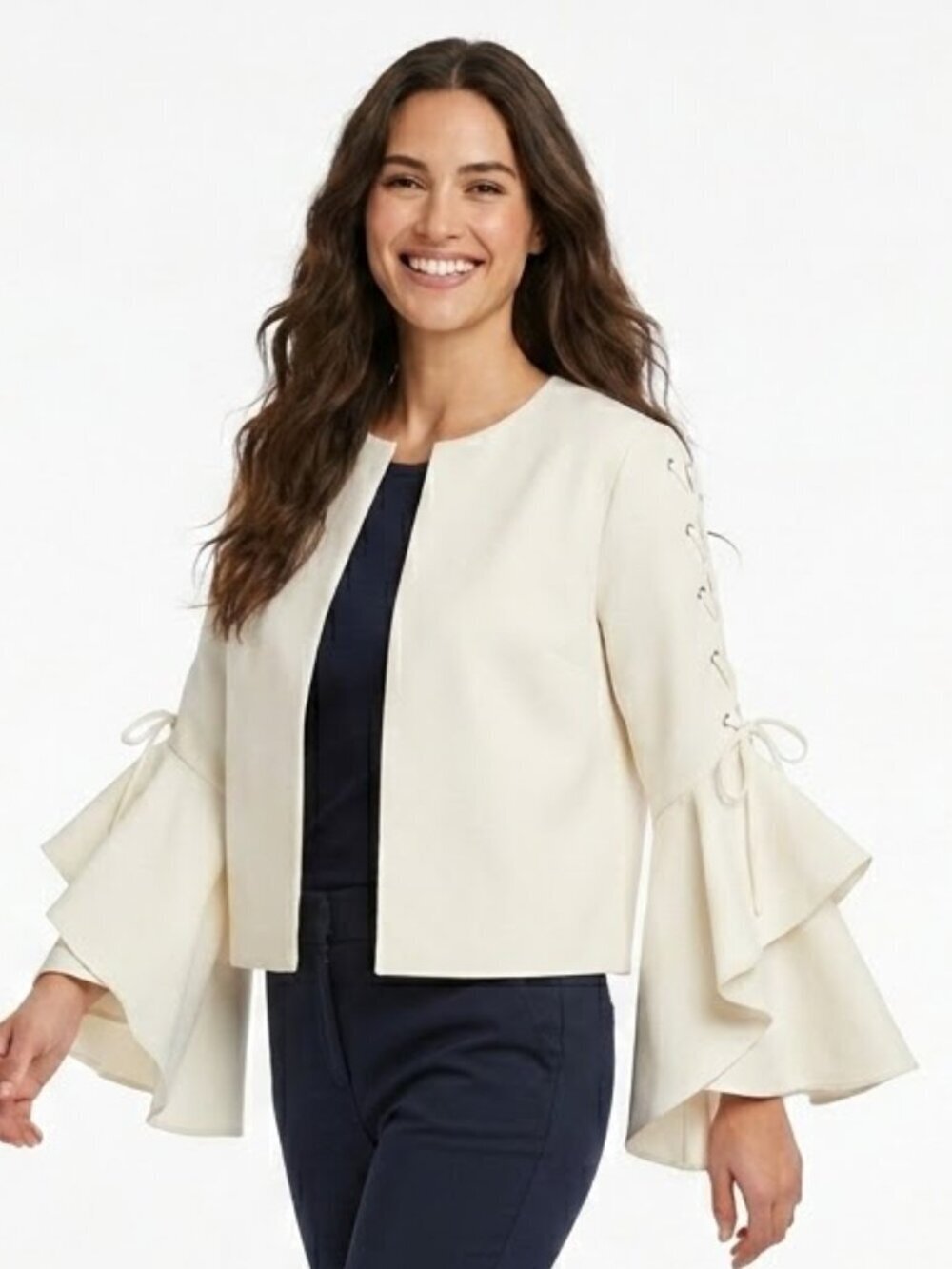 Vince Camuto Blazer Size 4 Ivory Lace Up Dramatic Tiered Ruffled Sleeves Cropped